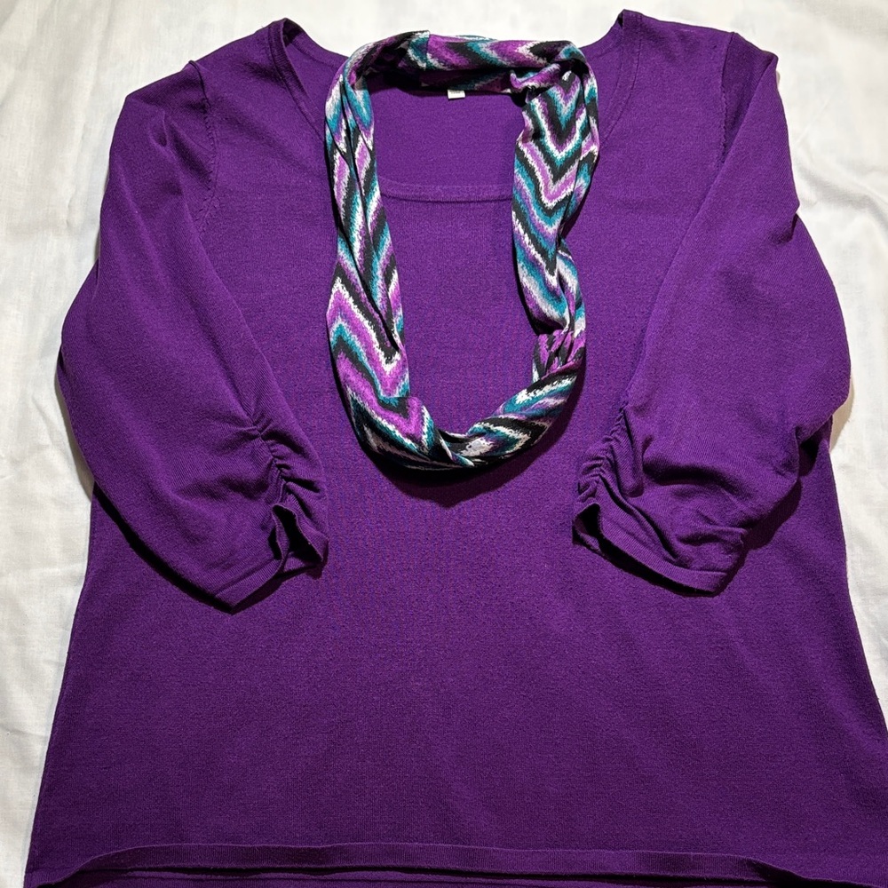 Notations Purple Crewneck With Removeable Multicolor Scarf Sweater Y2K 2X